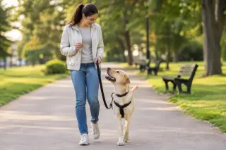 Woman calmly walking a dog on a leash in a park, giving it a treat, both appearing relaxed and attentive amid greenery.