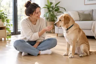 Une femme assise au sol dans un salon lumineux récompense un chien calmement assis devant elle.