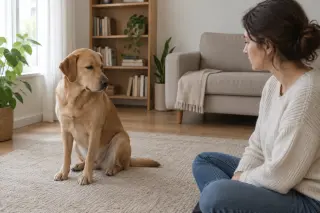 chien assis sur un tapis dans un salon, détournant doucement la tête d’une femme assise à distance, posture tranquille et ambiance calme
